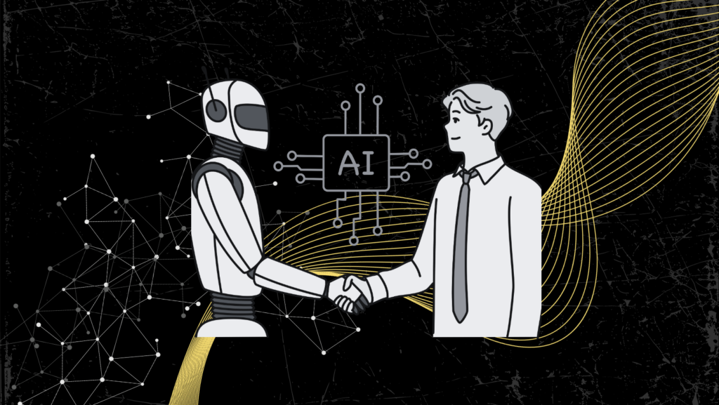 Eine Geschäftsperson und ein Roboter schütteln sich gegenseitig die Hand, über den Händen steht "KI".